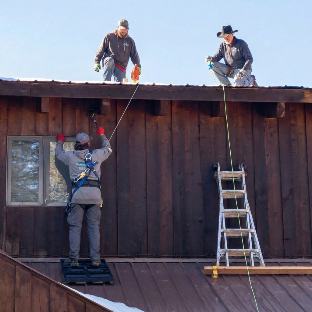 Three workers, equipped with safety gear, are performing maintenance on a wooden roof, using tools and a ladder for access.