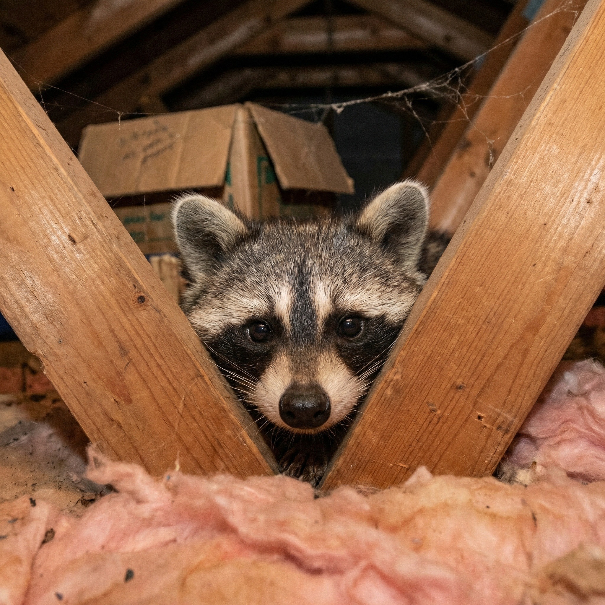 A raccoon peeks through wooden beams in an attic, surrounded by insulation and boxes, highlighting its curious presence in an unusual environment.
