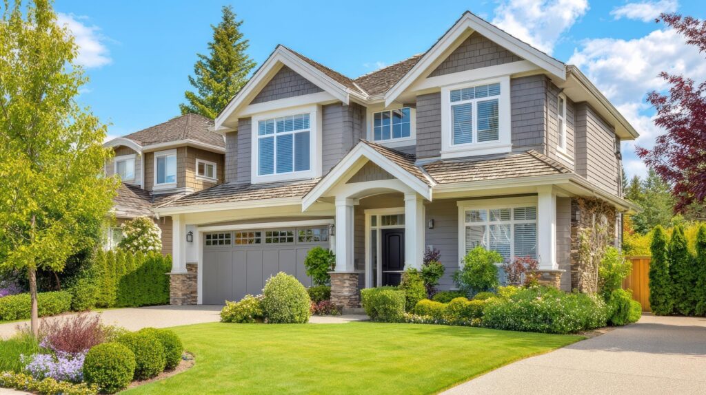 Charming two-story gray house with landscaped front yard, stone accents, and a welcoming porch. Represents modern suburban architecture.